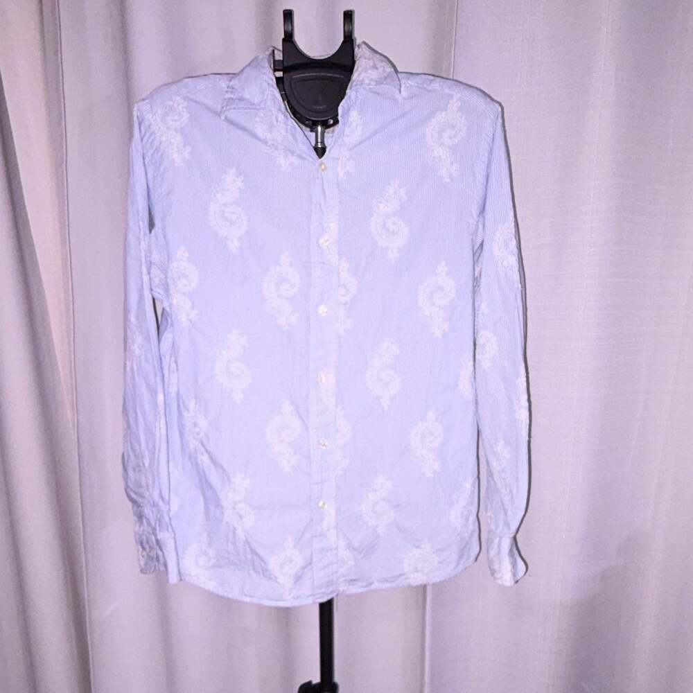 Gap Classic Fit Womens M Long Sleeve Blue/White Striped 100% Cotton Embroidered